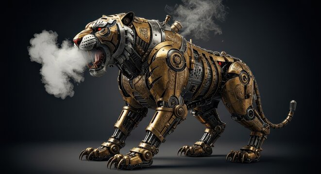 Mechanical feline creature constructed from metal parts exhales large clouds of vapor