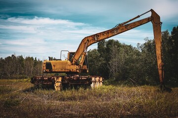 Fototapeta premium Rustic Vintage Yellow Excavator Overgrown in Field Rural Landscape Heavy Equipment