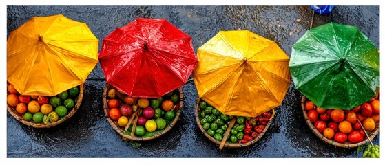 Naklejka premium Fruit market display under colorful umbrellas local street photography vibrant environment close-up view market culture