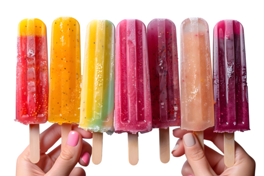 Refreshing fruit popsicles held by hands offer cool summer refreshment, vibrant colors and delicious flavors make them irresistible treats for hot sunny days
