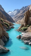 Vibrant turquoise glacier fed river flows through a rugged rocky canyon with snow capped mountains under a clear blue sky on a sunny day