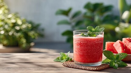 Vibrant Watermelon Smoothie Refreshing Drink Garnished with Mint and Kale on a Wooden Table Outdoors with Slices of Fresh Watermelon