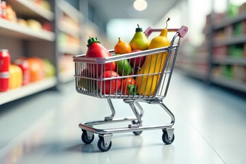 A close up shot of a modern, empty shopping cart filled with various packaged grocery items, highlighting textures. A close up, high angle shot of an empty, modern metal shopping cart filled with a