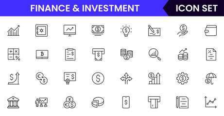Finance and investment vector web line icon collection, sleek illustrations of budgets, charts, calculators, investments for strategic, financial designs.