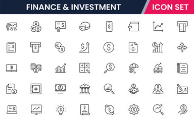 Finance and investment vector web line icon collection, sleek illustrations of budgets, charts, calculators, investments for strategic, financial designs.