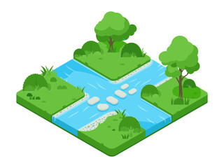 Obraz premium Crossed garden streams, stepping stones and bridge, grassy banks with trees, tranquil park diorama, isometric landscape vector