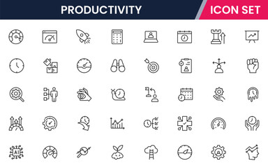 Productivity vector web line icon collection, sleek illustrations of tasks, clocks, calendars, efficiency tools for streamlined, effective designs.