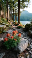 Vibrant Red Wildflowers Bloom Beside a Rocky Forest Path Leading to a Serene Mountain Lake at Golden Hour