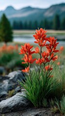 Vibrant Red Wildflowers With Dew Drops In A Natural Meadow With Distant Mountains And A Lake In Soft Morning Light Detailed Nature Scene