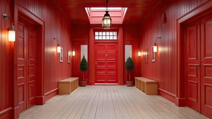 Vibrant Red Wooden Hallway With Natural Light Streaming From Skylight And Ornate Lantern Fixture Centered By Double Red Doors And Light Wood Floor With Geometric Pattern