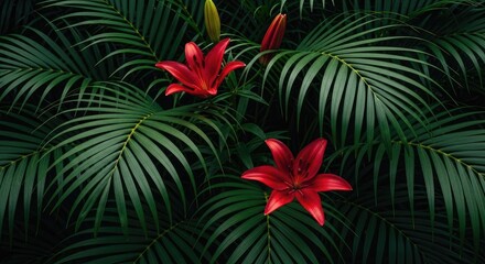 Vibrant Red Lilies Amidst Lush Green Palm Fronds.