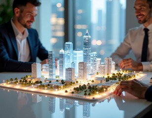 City planners operating full-scale digital twin of metropolis, urban simulation, smar