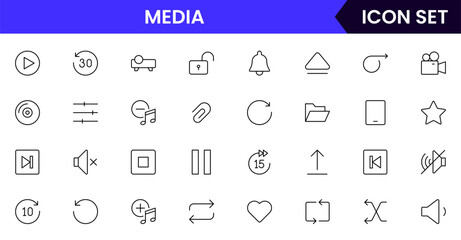 Media Vector web line icon collection, sleek illustrations of play, pause, volume, streaming for dynamic, multimedia designs.