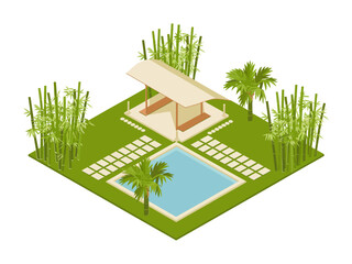 Modern garden gazebo, reflective water feature pool, bamboo plants, stepping tiles walkway, serene spa retreat, isometric resort illustration
