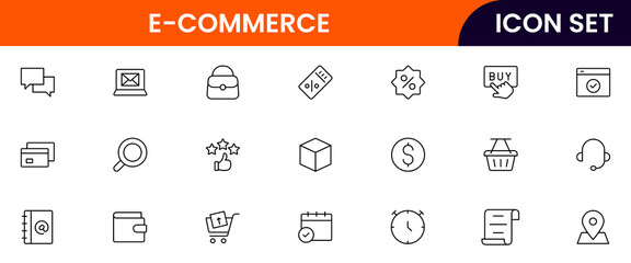 E-commerce vector web line icon collection, sleek illustrations of carts, payments, products, online shopping for vibrant, digital marketplace designs.