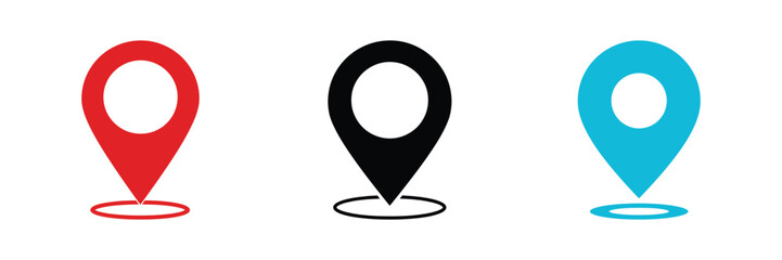 Red, Black, and Blue Location Pin Icons on White Background