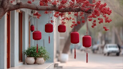 Red Lanterns Decorate a Tree Branch Outside a Blue Building with Green Potted Plants and Blurred Street Scene in Background