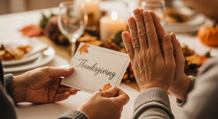 A couple praying with hands together over a Thanksgiving card at a festive dinner table.