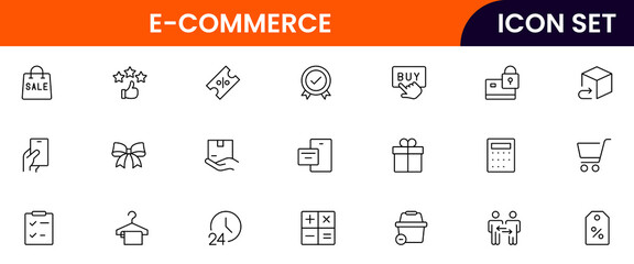 E-commerce vector web line icon collection, sleek illustrations of carts, payments, products, online shopping for vibrant, digital marketplace designs.