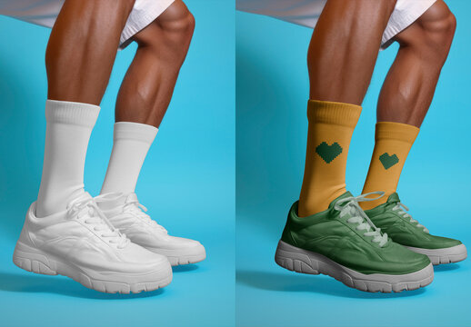 Colorful Sneakers With Stylish Socks Mockup Psd