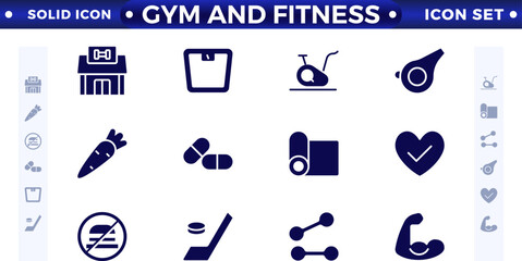 Gym and fitness icon set. Containing healthy lifestyle, weight training, body care, and workout or exercise equipment icons. Solid icon collection. 