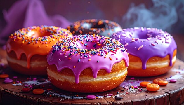 Vivid donuts with colorful frosting and sprinkles on a wooden tray - Powered by Adobe