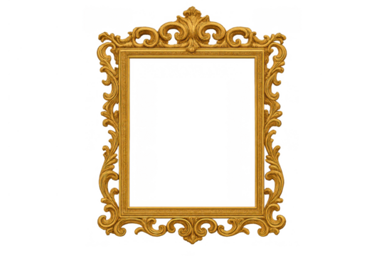 Gold antique ornate frame creating a classic luxury border, vintage baroque style, transparent background