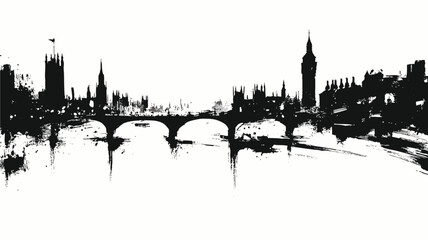 Naklejka premium London skyline silhouette with iconic landmarks in dramatic black ink brush stroke grunge painting style