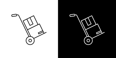 Minimalist line art icon of a hand trolley with a package. Vector illustration for logistics, shipping, and warehouse operations
