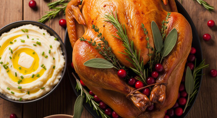 Roasted Thanksgiving Turkey with Mashed Potatoes and Herbs