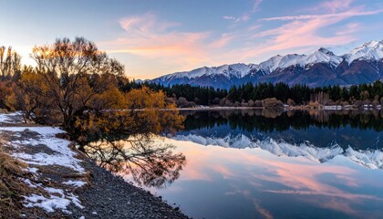 Fototapeta premium Calm lake reflects snow-capped mountains under dawn sky