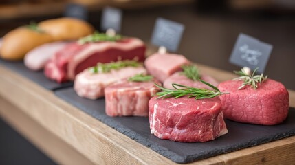 Artisanal Butcher Shop Selection of Fresh Meats with Rustic Presentation and Fine Cuts Displayed on Slate Board with Herbs