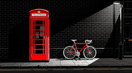 A classic red British telephone box stands beside a matching red bicycle on a black brick sidewalk, bathed in dramatic spotlight against a dark urban backdrop.