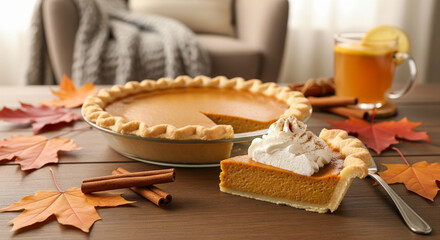 Slice of Pumpkin Pie with Whipped Cream on Wooden Table
