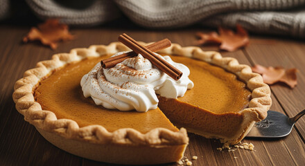Classic Pumpkin Pie with Whipped Cream and Cinnamon Sticks