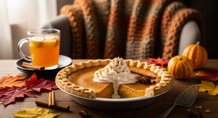 Pumpkin Pie with Whipped Cream and Hot Apple Cider on Autumn Table