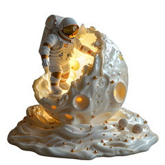 Astronaut explores a surreal moon made of creamy delights, a whimsical adventure into space, perfect for children's books and imaginative projects