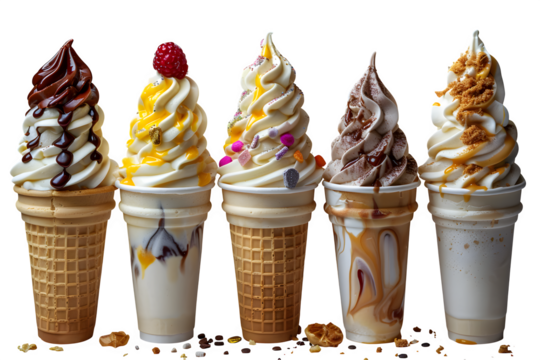 Indulge in Deliciousness Tempting soft serve ice cream cones with decadent toppings, perfect for summer treats and dessert cravings, a sweet escape awaits