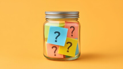 Colorful Sticky Notes with Question Marks Inside a Glass Jar on a Bright Yellow Background