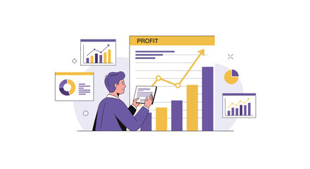 Visualize business growth with this modern illustration of a professional analyzing profit and charts, ideal for financial marketing and corporate presentations