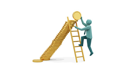 Reach financial goals with steady growth and dedicated effort shown by a businessman climbing a ladder towards increasing wealth represented by gold coins