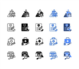 Crisis, Training, Emergency kit, Risk assessment multiple style icon set.