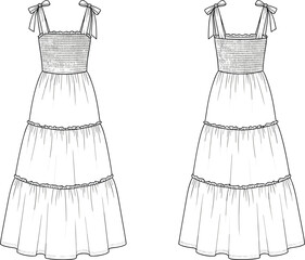 Tiered maxi dress fashion flat, smocked bodice sundress CAD drawing, women’s summer dress vector template, ruffle design illustration, garment sketch
