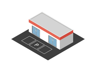 Small retail storefront, single level shop, reserved parking bay, glass windows, red roof trim, neighborhood commercial building vector