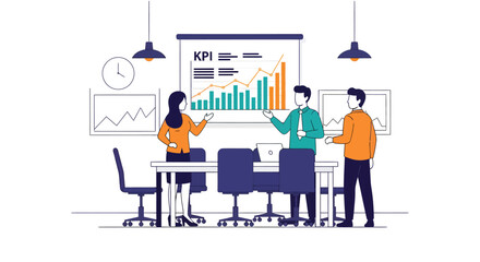 Dynamic team reviewing KPI growth charts in modern office, strategizing for success and celebrating positive trends in a collaborative workspace setting