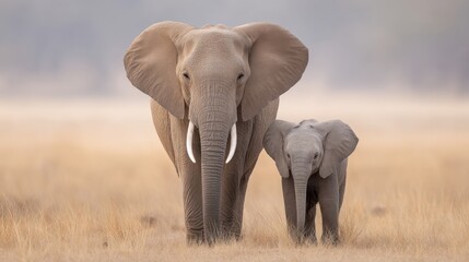 Obraz premium Elephant Mother Standing Proudly Beside Her Baby in a Beautiful Savanna Landscape Under a Clear Blue Sky