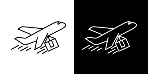 Clean line art vector icon depicting an airplane in flight with a package, symbolizing fast air cargo delivery, global logistics, and express shipping services