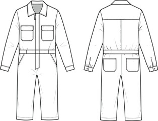 Unisex utility jumpsuit vector, technical flat sketch of workwear coverall with long sleeves, zipper front, and pocket details