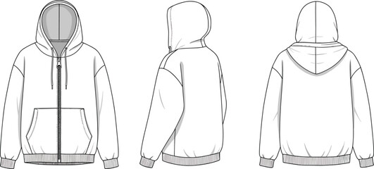 Unisex zip-up hoodie flat sketch, casual sweatshirt vector template with front zipper, kangaroo pocket, drawstring hood, and ribbed cuffs
