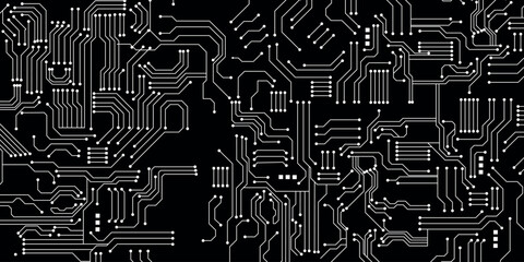 White lines and dots on Black background. Circuit technology background
